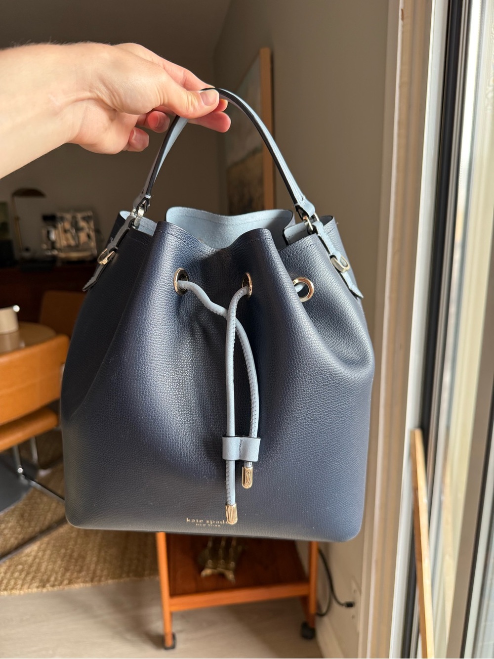kate spade Navy Pebbled Leather Drawstring Bucket Bag